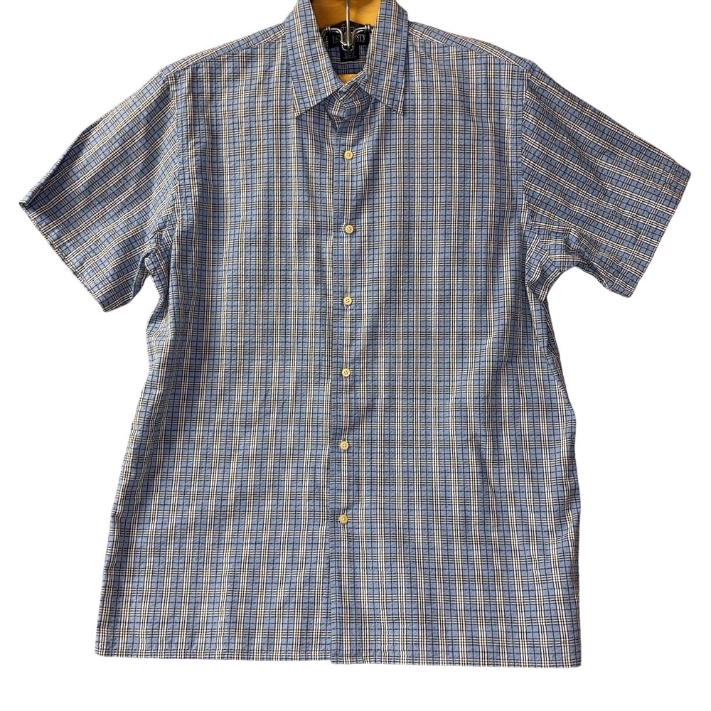 Lands End Men's L Short‎ Sleeve Button Down Blue Plaid Shirt Seersucker Preppy